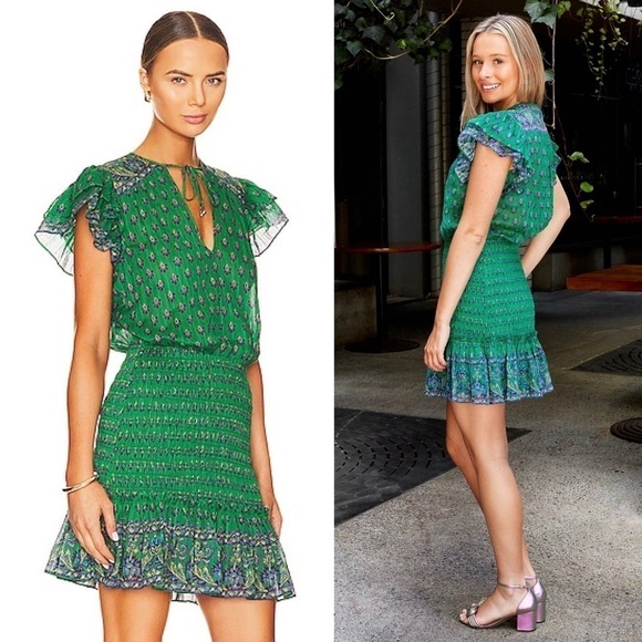 VERONICA BEARD Floral Paisley Smocked Flutter Short Sleeve Ruffled Mini Dress 8 - Picture 6 of 13